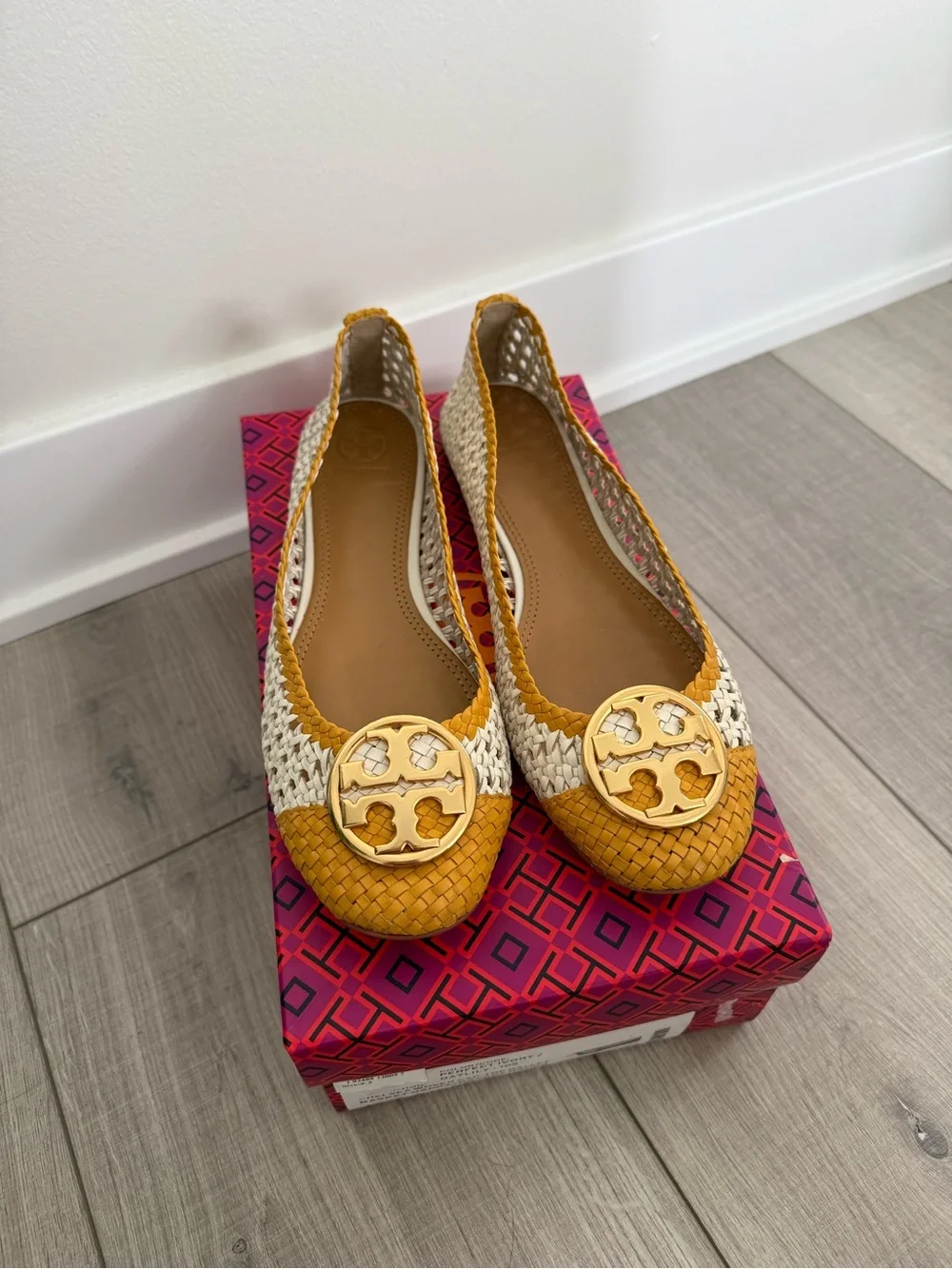 Tory Burch Woven Two-Tone Yellow & Cream Ballet Flats with Gold Logo